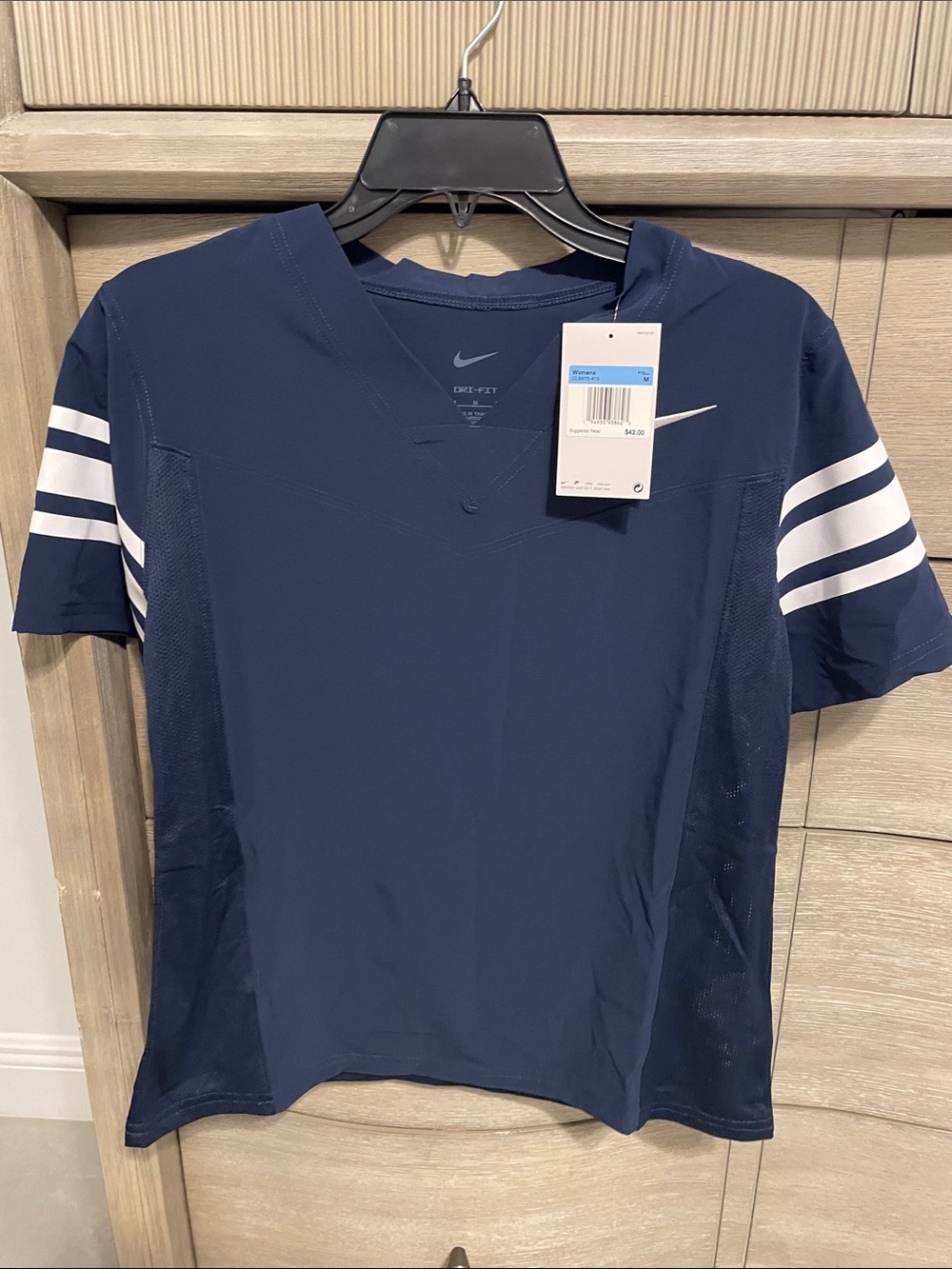 Nike Navy Athletic Short Sleeve Top with White Sleeve Stripes